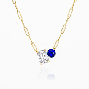 Charo Emerald-Round  Diamond and Gemstone Toi Et Moi Necklace